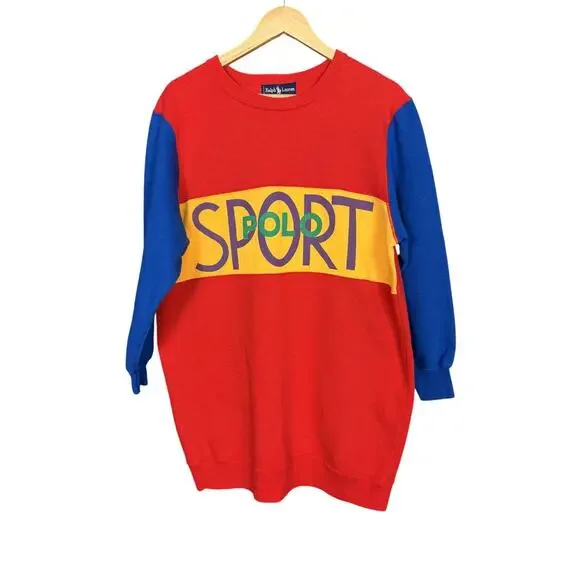 Vintage Polo Sport Ralph Lauren Women's Red Yellow Blue Sweatshirt Dress - L - Picture 1 of 9